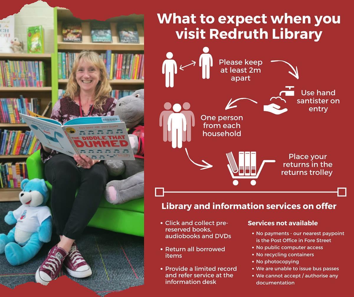 Poster setting out what to expect at Redruth Library during the pandemic